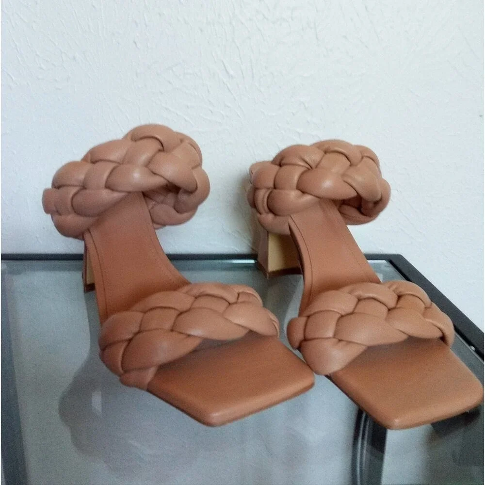 Marc Fisher leather Sandals braided strap size 8.5 Nude Neutral Brown Heels NWT‎
